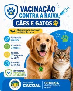 Secretaria de Saúde informa dá continuidade à Campanha de Vacinação de Cães e Gatos neste fim de semana
