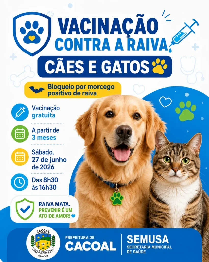 Secretaria de Saúde informa dá continuidade à Campanha de Vacinação de Cães e Gatos neste fim de semana